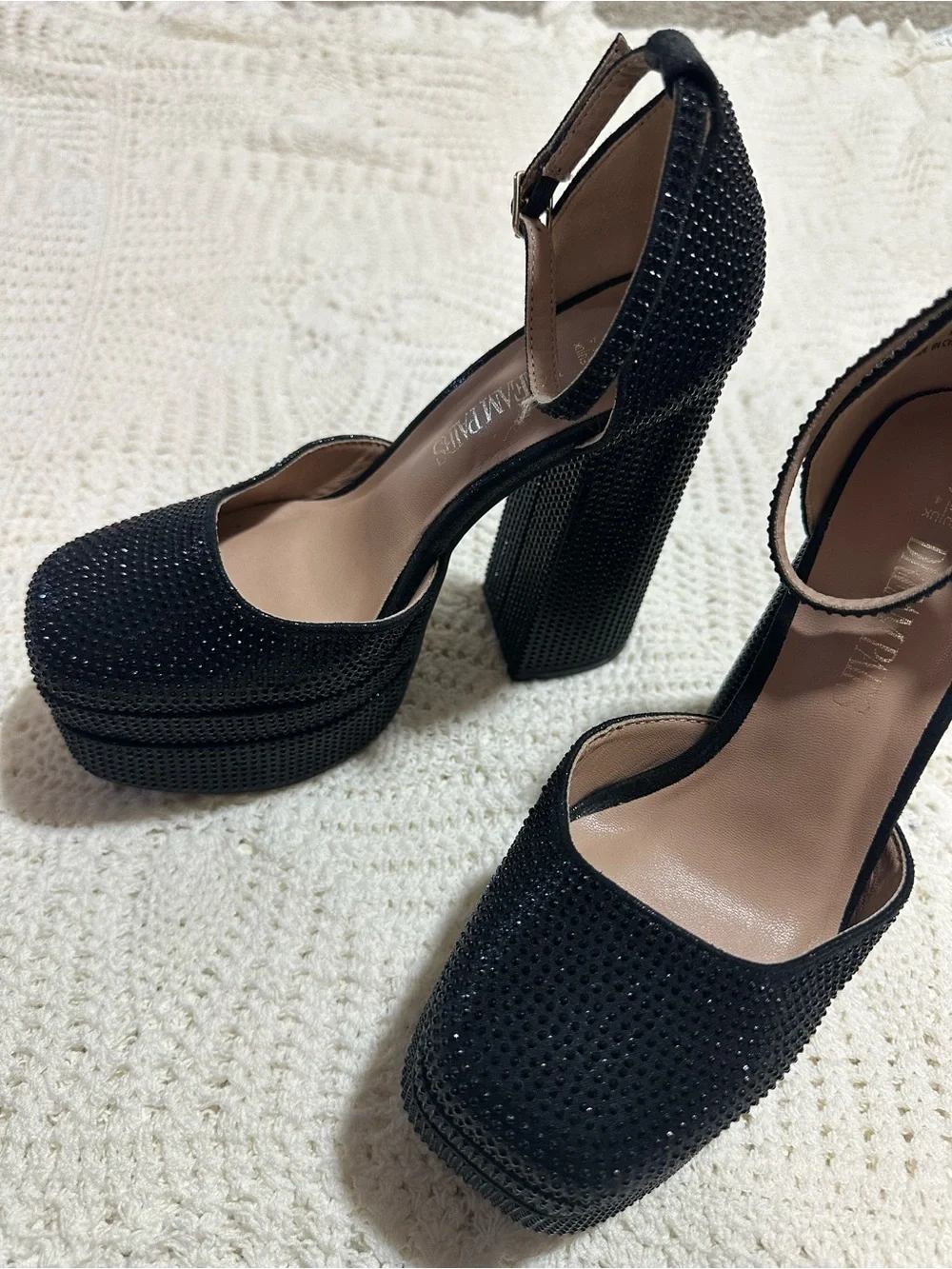 Amazon Black Crystal-Accented Platform Block Heel Sandals